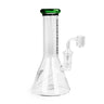 8 Tall Concentrate Beaker Bong, features a clear beaker-style design with quartz banger, green-tinted mouthpiece, crafted from durable borosilicate glass for versatile use.