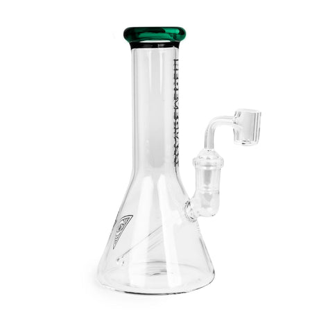 8 Tall Concentrate Beaker Bong with quartz banger, clear glass, beaker-style design, wide base, and straight neck for stability and versatile use.