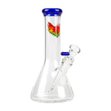8 Tall Beaker Bong with clear glass, removable down-stem, blue accents, and multicolored logo. Compact design enhances smooth, flavorful sessions with superior filtration.