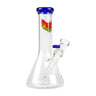 8 Tall Beaker Bong with clear glass, removable down-stem, blue accents, and multicolored logo. Compact design enhances smooth, flavorful sessions with superior filtration.