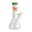 8 Tall Beaker Bong with green accents, featuring a clear glass body, removable bowl piece, and winged leaf decal on the neck for smooth, durable use.