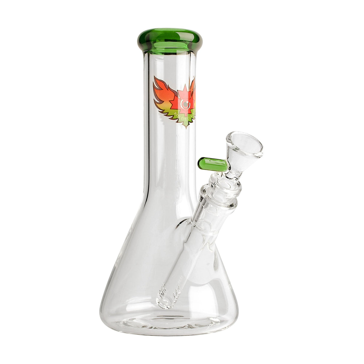 8 Tall Beaker Bong with green accents, featuring a clear glass body, removable bowl piece, and winged leaf decal on the neck for smooth, durable use.
