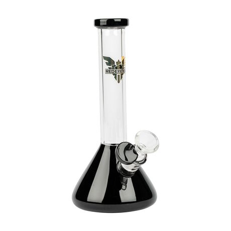 8 Tall Midge Mini Beaker Bong with clear straight neck, black-tinted base, and removable glass bowl/downstem. A steampunk-inspired Red Eye Tek creation merging art and engineering.