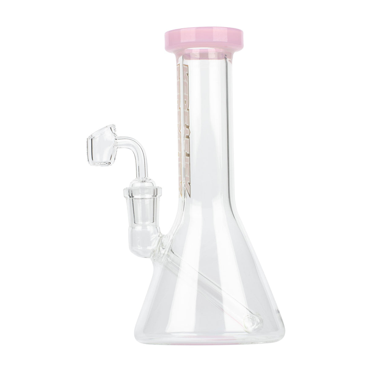 8 Tall Splash Concentrate Beaker Bong with pink-rimmed mouthpiece, fixed downstem, and removable quartz banger, designed for durability and smooth concentrate vaporization.