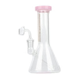 8 Tall Splash Concentrate Beaker Bong with pink-rimmed mouthpiece, fixed downstem, and removable quartz banger, designed for durability and smooth concentrate vaporization.