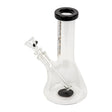 8 Tall Splash Beaker Bong made of clear borosilicate glass with a black-trimmed mouthpiece, featuring a removable downstem and small bowl piece for stable tabletop use.