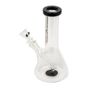 8 Tall Splash Beaker Bong made of clear borosilicate glass with a black-trimmed mouthpiece, featuring a removable downstem and small bowl piece for stable tabletop use.