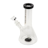 8 Tall Splash Beaker Bong made of clear borosilicate glass with a black-trimmed mouthpiece, featuring a removable downstem and small bowl piece for stable tabletop use.