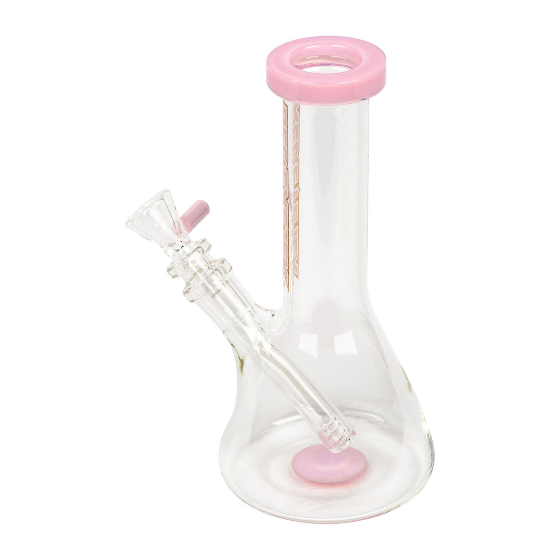 8 Tall Splash Beaker Bong crafted from durable borosilicate glass, featuring a pink-accented mouthpiece and base, with removable downstem and bowl for stability and ergonomic use.