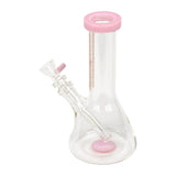 8 Tall Splash Beaker Bong crafted from durable borosilicate glass, featuring a pink-accented mouthpiece and base, with removable downstem and bowl for stability and ergonomic use.