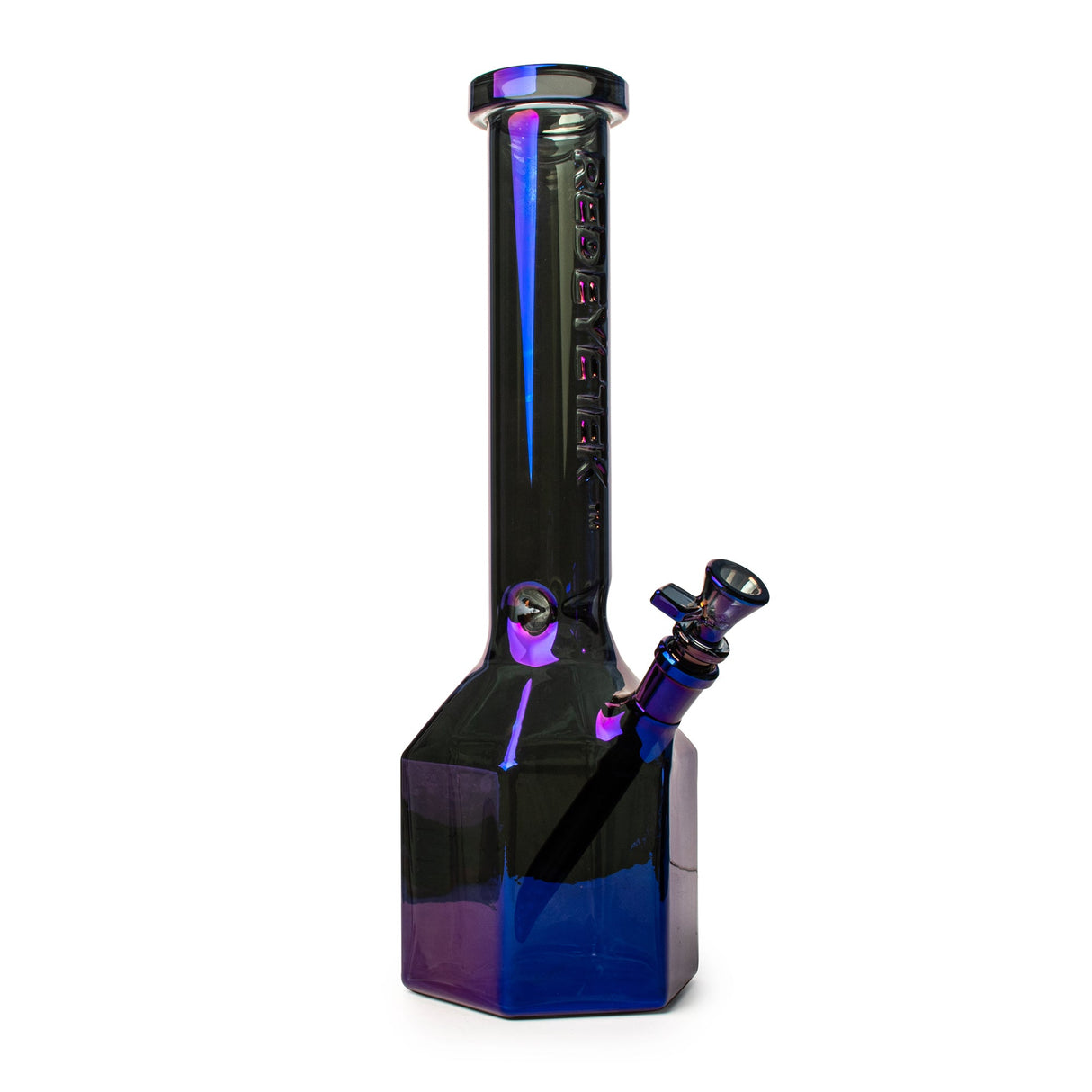 11 Tall Terminator Prismatic Bong with hexagonal base, straight neck, embossed brand name, and reflective finish. Features removable down-stem and bowl piece for smooth use.