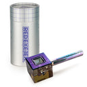 4.5 Terminator Infinity Bowl Hand Pipe - Square, featuring a geometric glass bowl with an iridescent stem, beside its branded Red EyeTek cylindrical storage container.