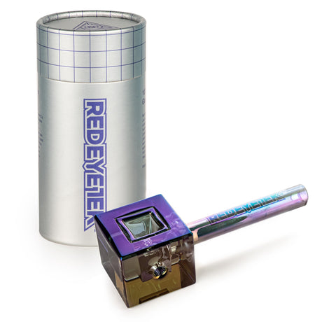 4.5 Terminator Infinity Bowl Hand Pipe - Square, featuring a geometric glass bowl with an iridescent stem, beside its branded Red EyeTek cylindrical storage container.