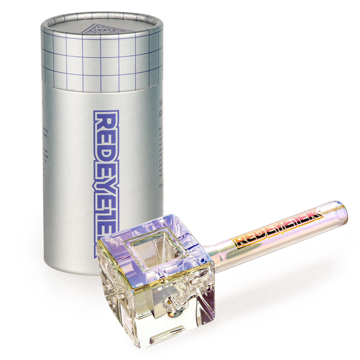 4.5 Terminator Infinity Bowl Hand Pipe - Square, showcasing a cube-shaped bowl with angular lines, next to a branded Red Eye Tek metal storage tube.