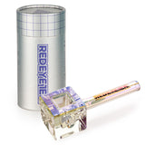 4.5 Terminator Infinity Bowl Hand Pipe - Square, showcasing a cube-shaped bowl with angular lines, next to a branded Red Eye Tek metal storage tube.