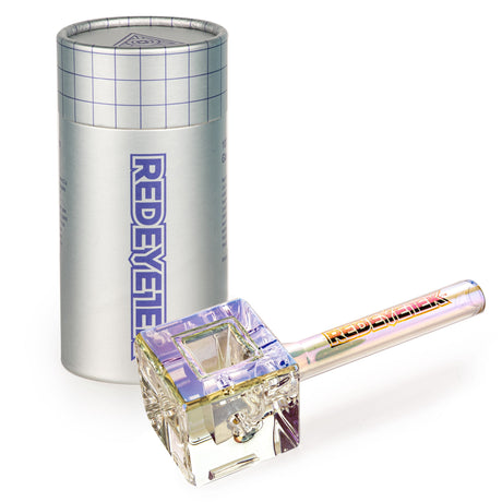 4.5 Terminator Infinity Bowl Hand Pipe - Square, showcasing a cube-shaped bowl with angular lines, next to a branded Red Eye Tek metal storage tube.