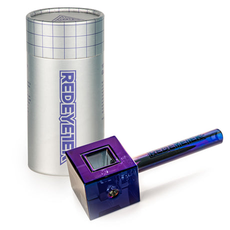 4.5 Terminator Infinity Bowl Hand Pipe - Square, featuring a geometric design with a glass bowl, carb hole, and straight mouthpiece, packaged in a silver Red Eye Tek® storage tube.