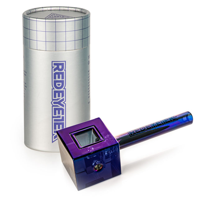 4.5 Terminator Infinity Bowl Hand Pipe - Square, featuring a geometric design with a glass bowl, carb hole, and straight mouthpiece, packaged in a silver Red Eye Tek® storage tube.