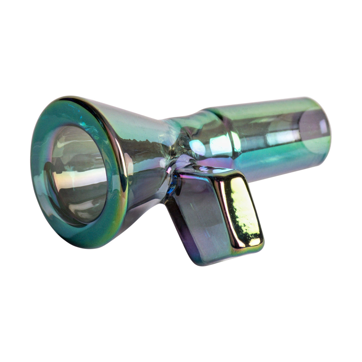 14mm Terminator Pull-Out Bowl: Small iridescent glass bowl with robust 4mm cone, diamond handle, and polished joint for smooth fit into water pipes.