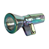 14mm Terminator Pull-Out Bowl: Small iridescent glass bowl with robust 4mm cone, diamond handle, and polished joint for smooth fit into water pipes.