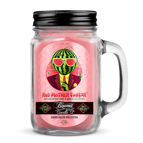 Scented Candle - Red Mother F*#k3r Scent in a mason jar with a watermelon image, designed to eliminate smoke and odors with 90-hour burn time.