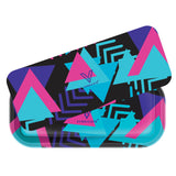 Roll N Go Long Retro tin with geometric print, detachable lid, and magnetic closure, ideal for organizing accessories on a home rolling station.