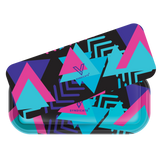 Roll N Go Long Retro tin featuring neon-style triangles and SYNDICATE logo, showcasing a secure magnetic lid and spacious metal tray for organized rolling.