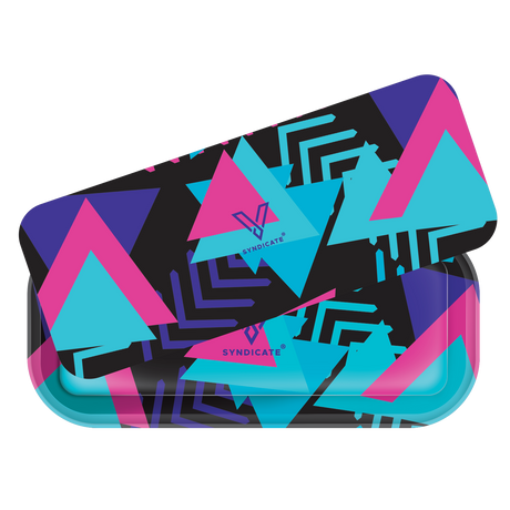 Roll N Go Long Retro tin featuring neon-style triangles and SYNDICATE logo, showcasing a secure magnetic lid and spacious metal tray for organized rolling.