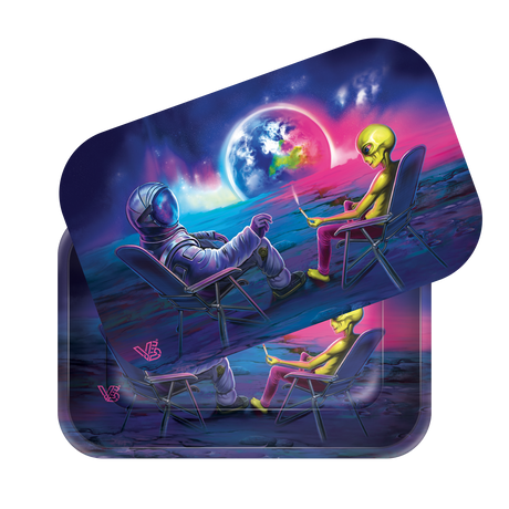 Roll N Go Medium - Blunt Orbit tray featuring an astronaut and alien sharing a joint on an alien landscape, with a vibrant planet in the background.
