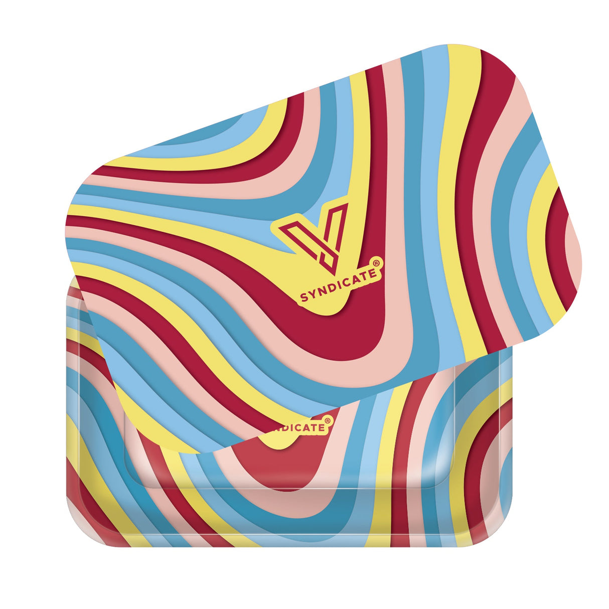 Roll N Go Medium - Melted tin with psychedelic wavy-stripe design, partially open lid showing SYNDICATE and V logo, designed for discreet storage and visual appeal.