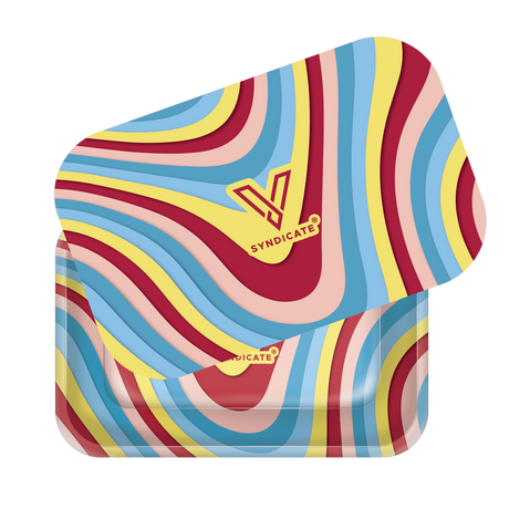 Roll N Go Medium - Melted tray with a psychedelic stripe pattern and SYNDICATE logo, featuring a magnetic lid for secure storage and polished surface for easy use.