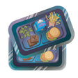 Roll N Go Medium - Munch Time tray with cannabis buds, milk carton, fries, cheeseburger, and brownies. Features 3D lid for secure storage.