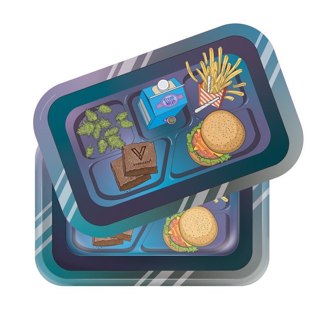 Roll N Go Medium - Munch Time tray with cannabis buds, milk carton, fries, cheeseburger, and brownies. Features 3D lid for secure storage.