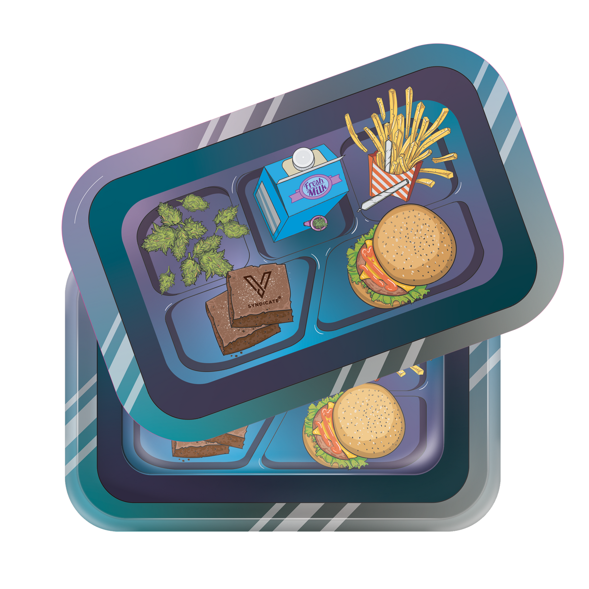 Roll N Go Medium - Munch Time tray with cannabis buds, infused brownies, fresh milk, fries, joint, burger; stackable design for organized, fun smoking sessions.