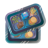 Roll N Go Medium - Munch Time tray with cannabis buds, infused brownies, fresh milk, fries, joint, burger; stackable design for organized, fun smoking sessions.