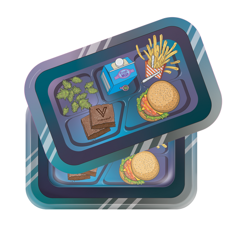 Roll N Go Medium - Munch Time tray with cannabis buds, infused brownies, fresh milk, fries, joint, burger; stackable design for organized, fun smoking sessions.
