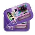 Roll N Go Medium - Reflections tray shows a surreal scene with a woman and alien, surrounded by retro gaming and sci-fi elements, highlighting 3D depth.
