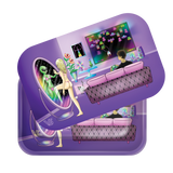 Roll N Go Medium - Reflections tray with a 3D effect, featuring a vaporwave scene of gaming and surreal reflections, secured by a magnetic lid.