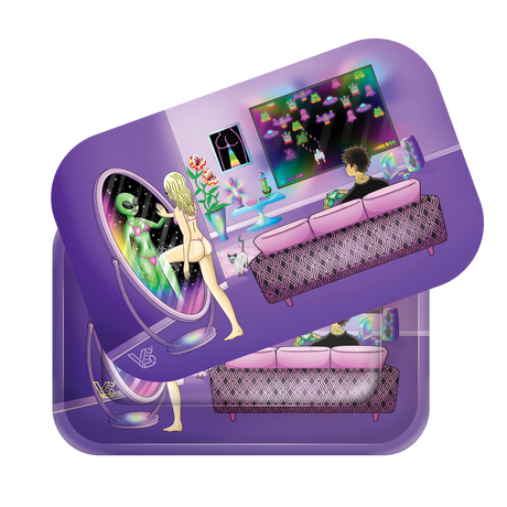 Roll N Go Medium - Reflections tray with a 3D effect, featuring a vaporwave scene of gaming and surreal reflections, secured by a magnetic lid.