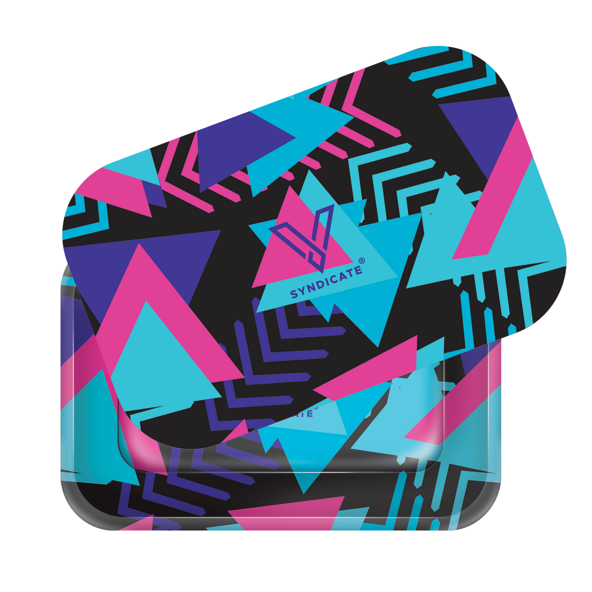 Roll N Go Medium Retro tin with Memphis-style design; features a magnetic lid and ergonomic tray for organized rolling and storage.