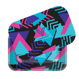 Roll N Go Medium Retro tin with Memphis-style design; features a magnetic lid and ergonomic tray for organized rolling and storage.