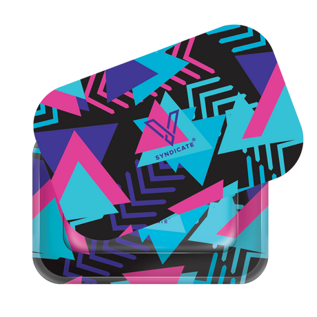 Roll N Go Medium Retro tin with Memphis-style design; features a magnetic lid and ergonomic tray for organized rolling and storage.