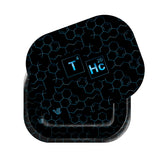 Matte-black tin with light-blue molecular pattern, featuring T⁴ and Hc²⁰ tiles, illustrating the Roll N Go Small - Elements portable rolling station.