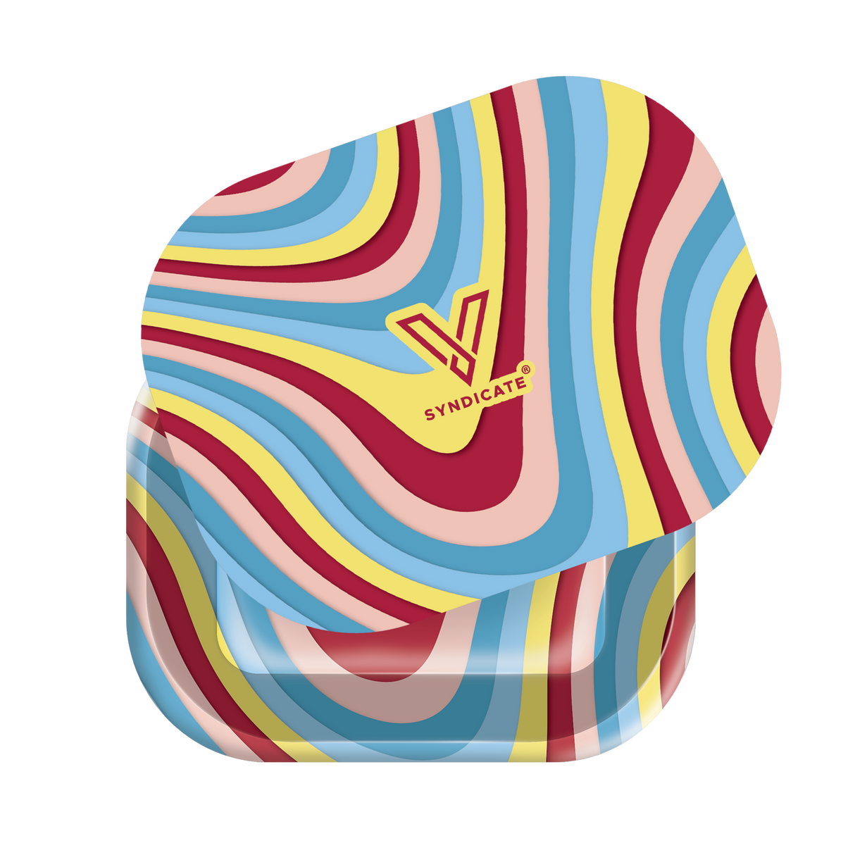 Roll N Go Small - Melted: A compact, psychedelic-patterned tin with a secure magnetic lid, showcasing a bold V logo and SYNDICATE® text.