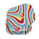 Roll N Go Small - Melted: A compact, psychedelic-patterned tin with a secure magnetic lid, showcasing a bold V logo and SYNDICATE® text.