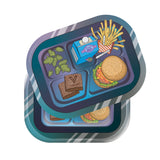 Roll N Go Small - Munch Time tray features cannabis buds, stacked brownies, a cheeseburger, milk carton, and fries with joint, on a vibrant 3D lid.
