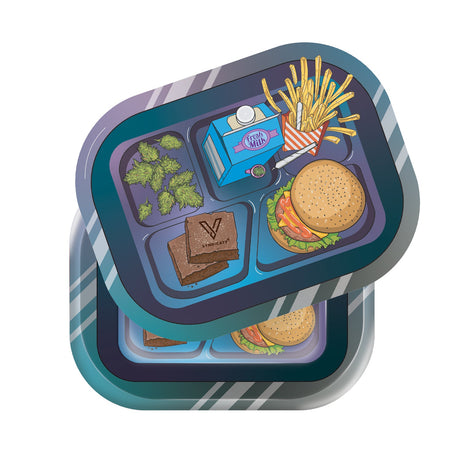 Roll N Go Small - Munch Time tray features cannabis buds, stacked brownies, a cheeseburger, milk carton, and fries with joint, on a vibrant 3D lid.