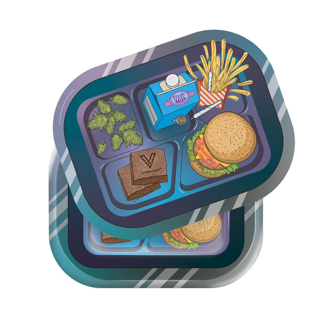 Roll N Go Small - Munch Time tray features cannabis buds, stacked brownies, a cheeseburger, milk carton, and fries with joint, on a vibrant 3D lid.