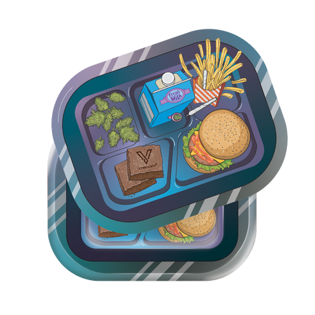 Roll N Go Small - Munch Time tray with cannabis buds, V Syndicate brownies, cheeseburger, fries, lit joint, and milk carton in a cafeteria theme.