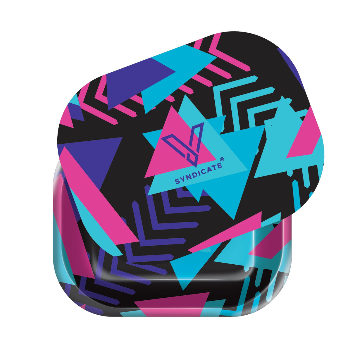 Roll N Go Small Retro storage tin with SYNDICATE and V logo, features 80s-style geometric print and a secure magnetic lid for portable organization.